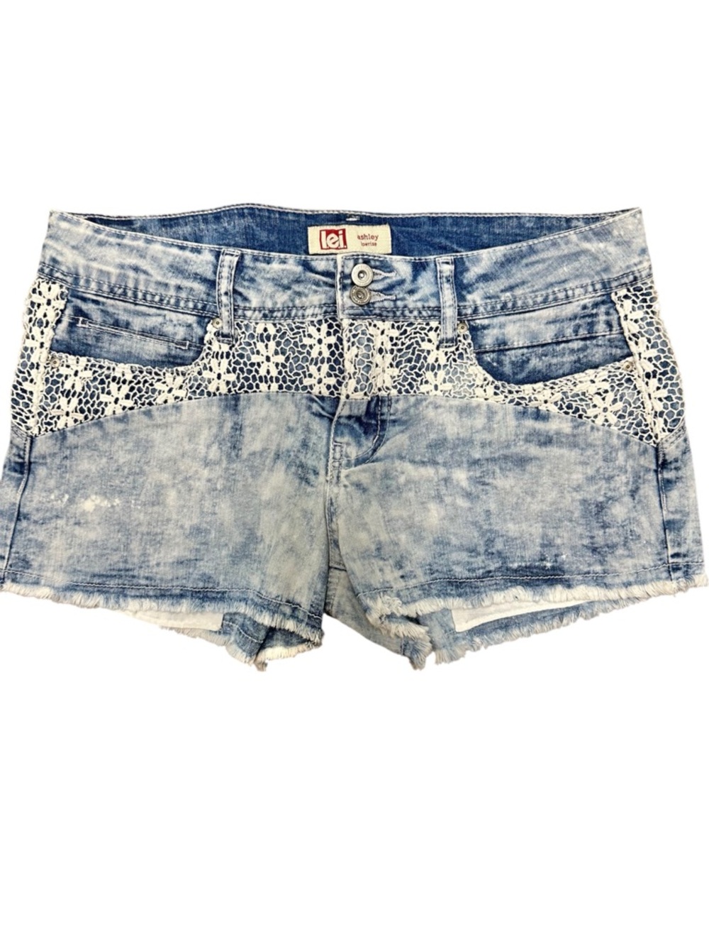 lei Ashley Low Rise Acid-Wash Denim Shorts with White Lace Insets 9